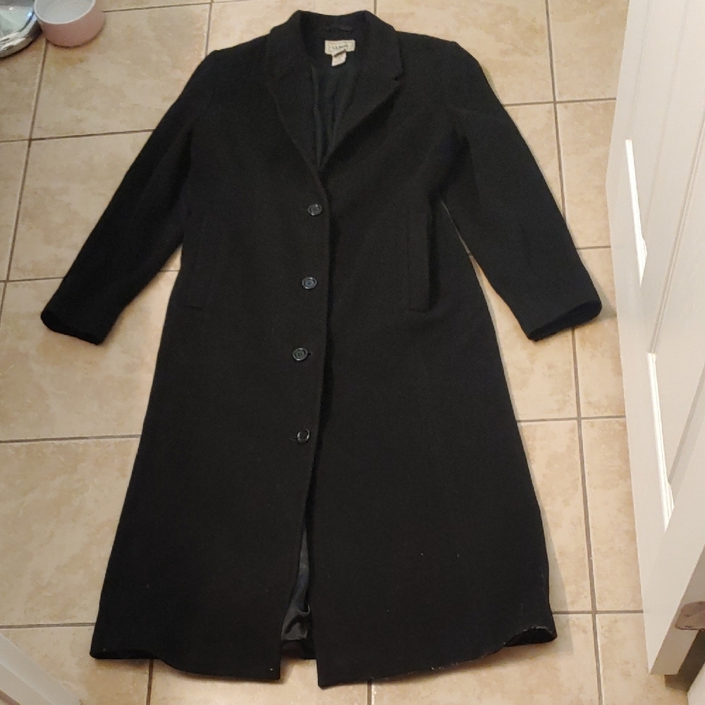 VTG L.L. Bean Long Black Pea Coat Wool Cashmere Blend Women's Size 10